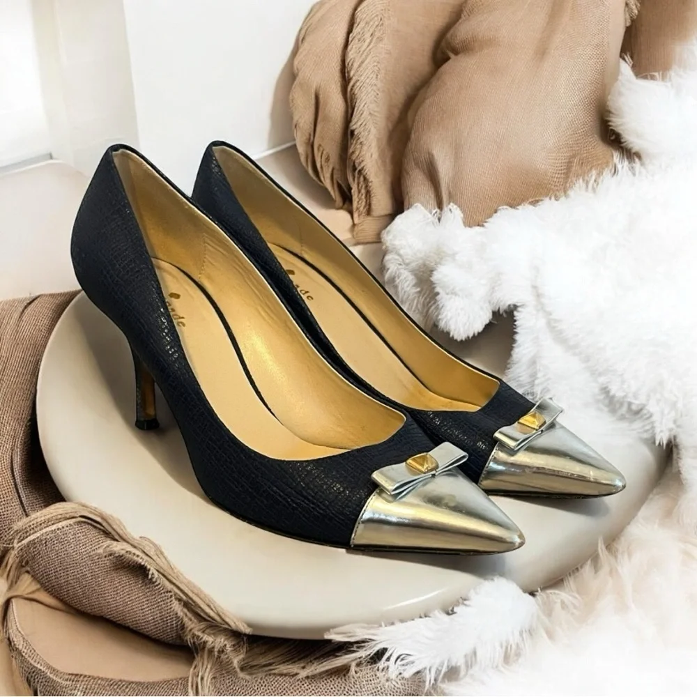 kate spade Black Pumps with Silver Pointed Toe & Bow Accent